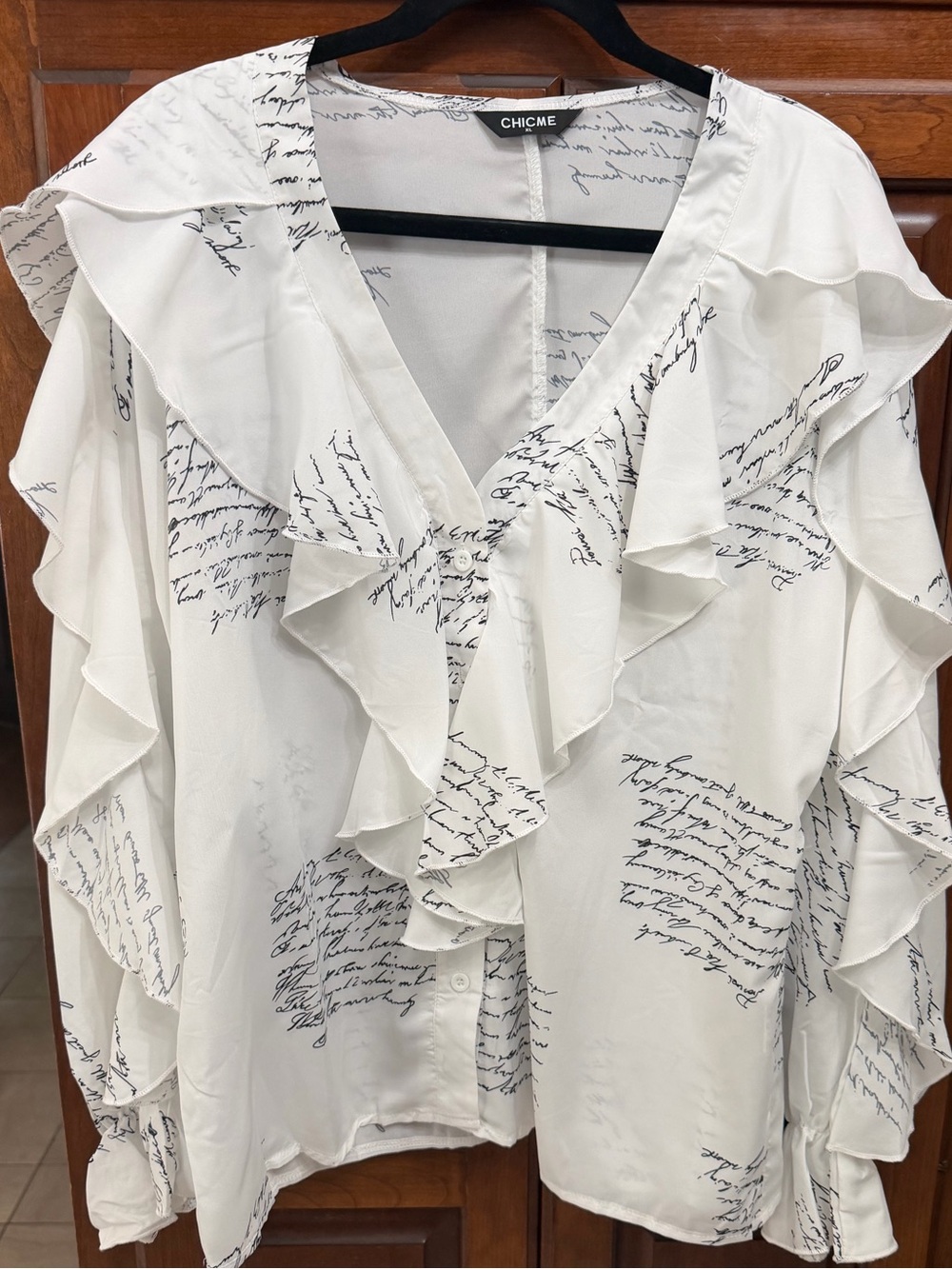 Chic White Script Ruffle V-Neck Blouse with Black Writing- NWOT- Size XL